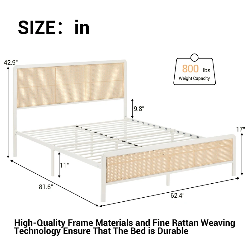 homfan Full Size Bed Frame with Rattan Headboard, Modern Platform Bed, Heavy Duty Bed Frame With Metal Slat Support