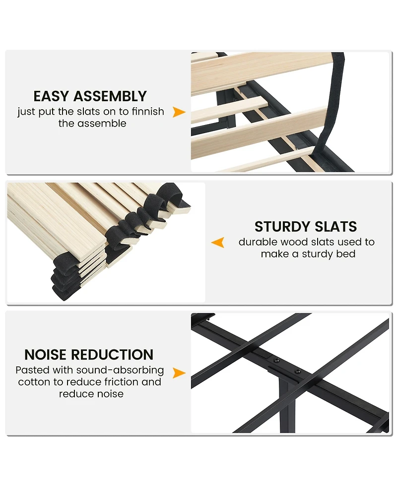 Homfan Queen Size Bed Frame with Adjustable Headboard, Upholstered Platform Bed with Wooden Slat