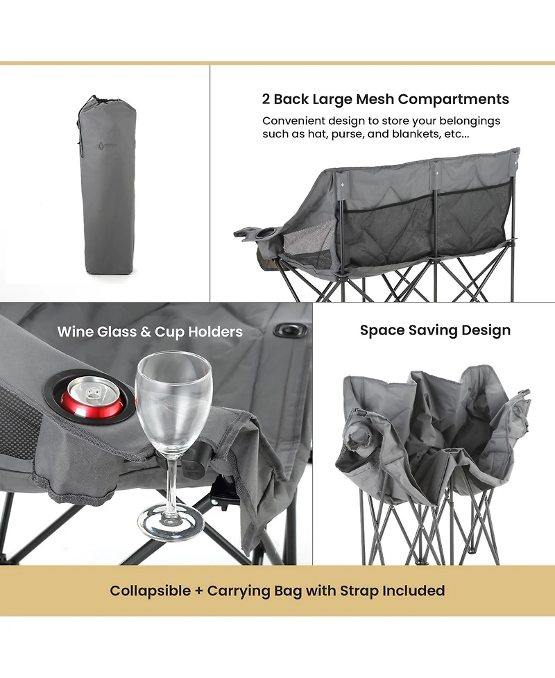 Arrowhead Outdoor Portable Folding Double Duo Camping Chair Loveseat Couch w/ 2 Cup and Wine Glass Holders, Supports 650 lbs