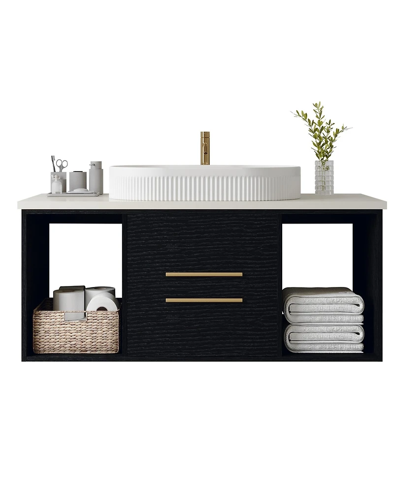 Busdays 39.4 Inch Wall Mounted Modern Bathroom Vanity with Oval Ceramic Sink Floating Multi Layer Wood Cabinet Soft Close Drawers Open Shelf Storage