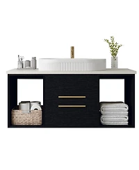 Busdays 39.4 Inch Wall Mounted Modern Bathroom Vanity with Oval Ceramic Sink Floating Multi Layer Wood Cabinet Soft Close Drawers Open Shelf Storage