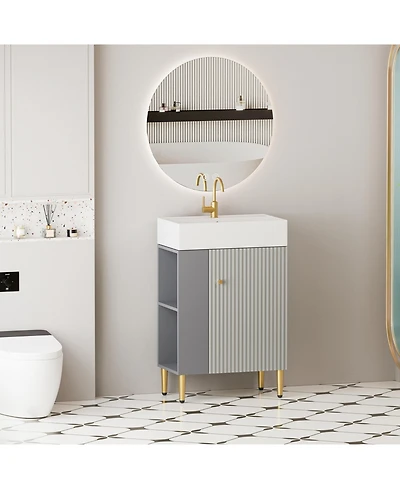 Busdays 21.6 Inch Open Shelving Bathroom Vanity with Ceramic Sink Soft Close Door Cloakroom Storage Cabinet Left Side Grey Finish Assembly Required