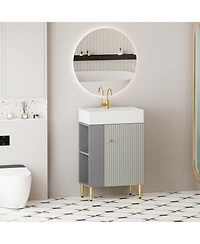 Busdays 21.6 Inch Open Shelving Bathroom Vanity with Ceramic Sink Soft Close Door Cloakroom Storage Cabinet Left Side Grey Finish Assembly Required