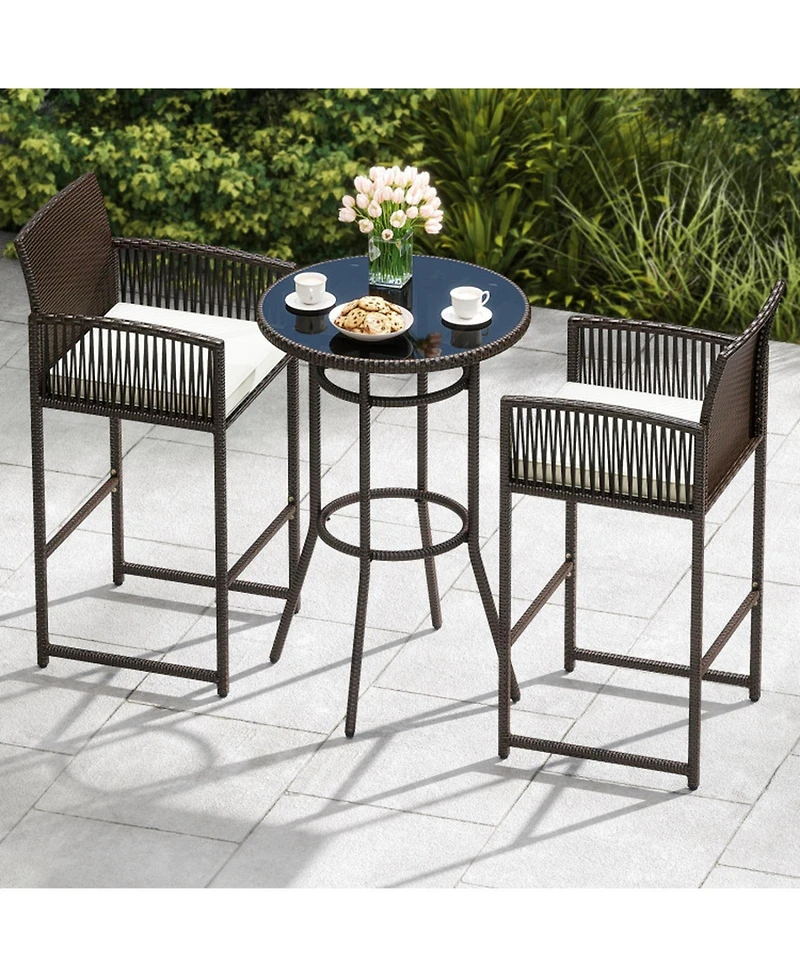Gouun Pe Wicker 3-Piece Patio Bar Set with Round Tempered Glass Table and Cushioned Armchairs