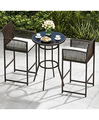 Gouun Pe Wicker 3-Piece Patio Bar Set with Round Tempered Glass Table and Cushioned Armchairs