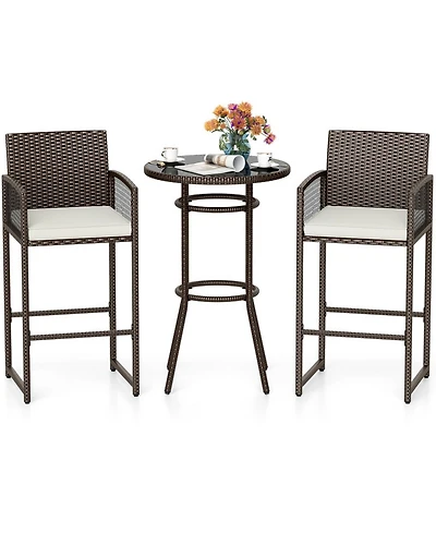 Gouun Pe Wicker 3-Piece Patio Bar Set with Round Tempered Glass Table and Cushioned Armchairs