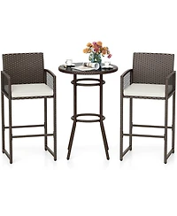 Gouun Pe Wicker 3-Piece Patio Bar Set with Round Tempered Glass Table and Cushioned Armchairs
