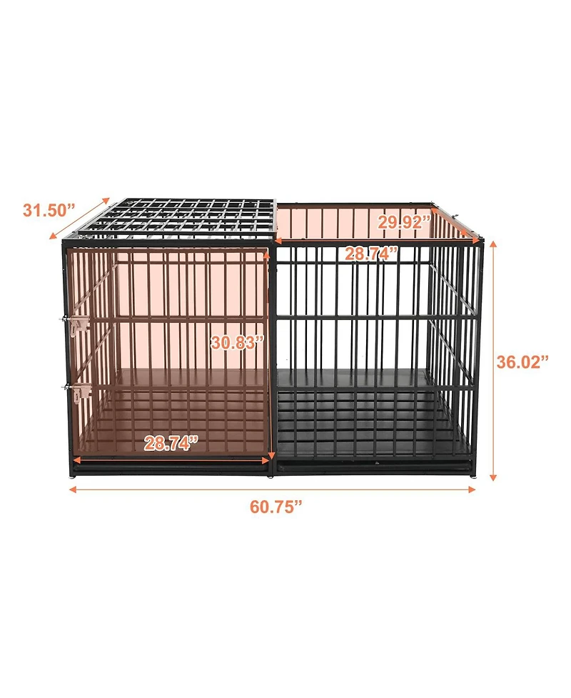 6thdruple 60" Dog House Crate, Heavy Duty Metal Kennel with Roof Door, Removable Trays and Mat