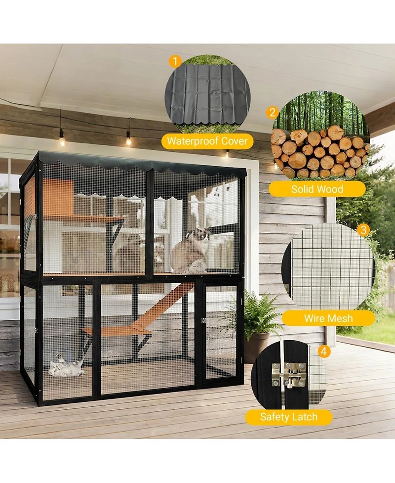 6thdruple 4-Tier Cat House, Outdoor/Indoor Catio Enclosure with Wood Frame, and Weather Cover