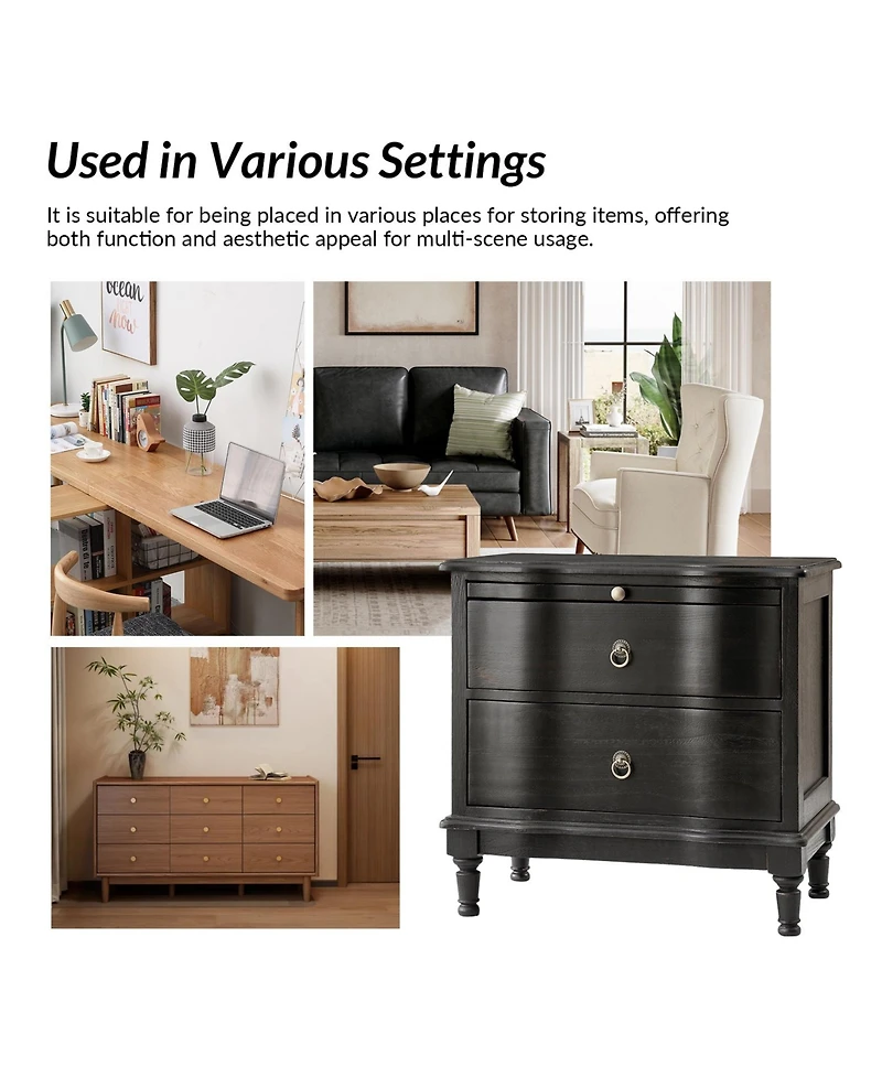 Hulala Home Elfine Traditional 2-Drawer Solid Wood End Table with Built-In Outlet and Curved Drawer Fronts