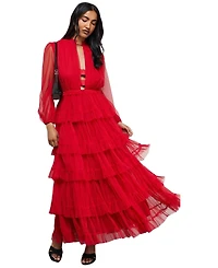 Warehouse Women's Ruffle Neck Tulle Maxi Dress