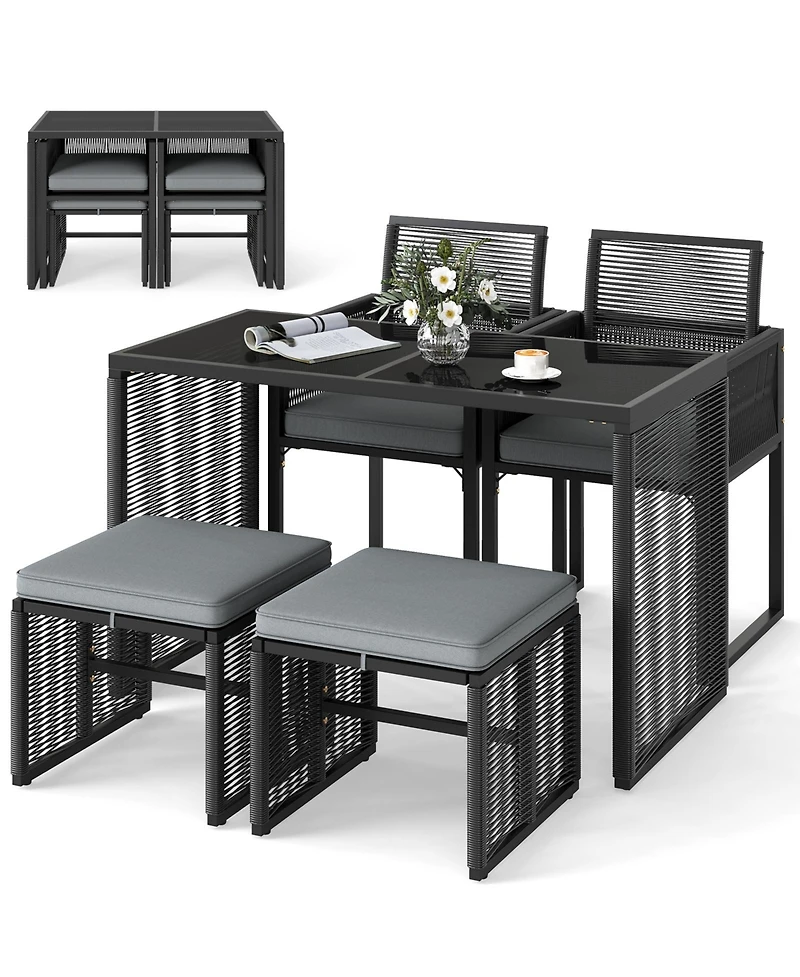 Gouun 5-Piece Outdoor Wicker Conversation Set with Chairs, Ottomans, and Table