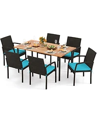 Gouun 7-Piece Outdoor Dining Set with Acacia Wood Table, Pe Rattan Chairs and Cushions