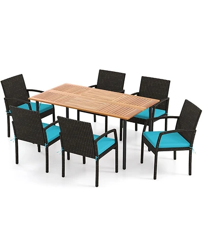 Gouun 7-Piece Outdoor Dining Set with Acacia Wood Table, Pe Rattan Chairs and Cushions