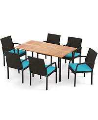 Gouun 7-Piece Outdoor Dining Set with Acacia Wood Table, Pe Rattan Chairs and Cushions