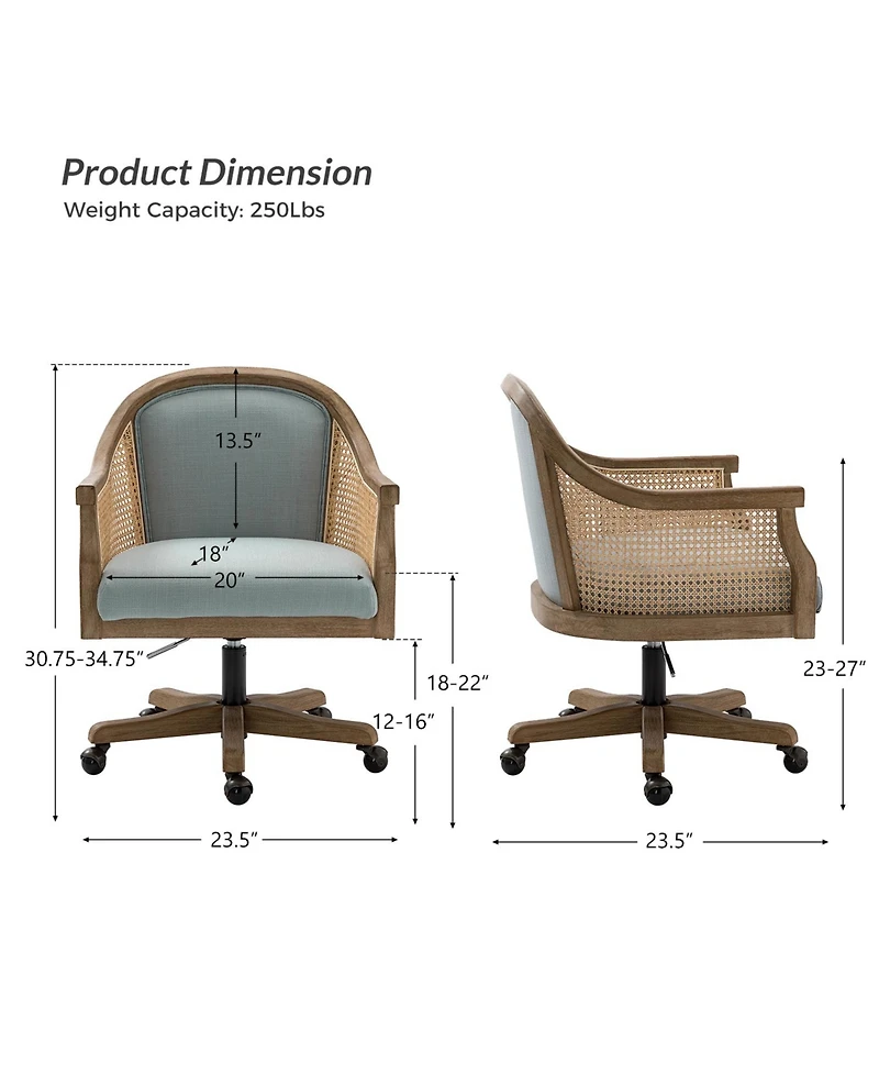 Hulala Home Ackeron Farmhouse Rattan Upholstered Office Task Chair with Solid Wood Arms