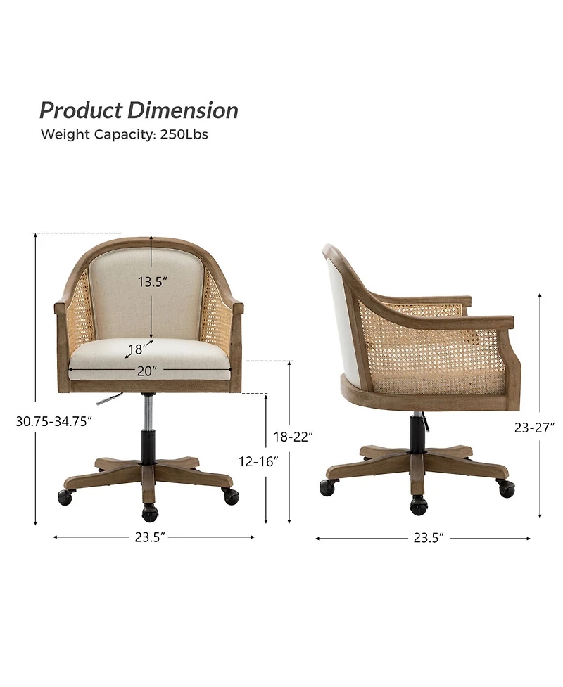 Hulala Home Ackeron Farmhouse Rattan Upholstered Office Task Chair with Solid Wood Arms