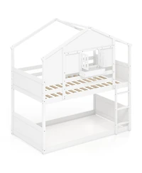 Gouun Twin Over Twin House-Shaped Bunk Bed with Roof, Lockable Window and Storage