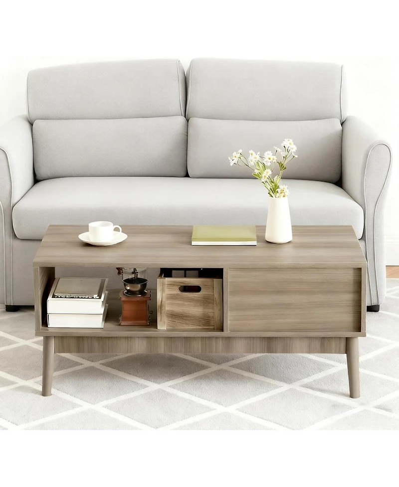 gaomon 39.4" Mid Century Modern Coffee Table with Storage, 2-Tier Fluted Rectangle Center Table with Drawer, Open Shelf and Wood Legs for Living Room