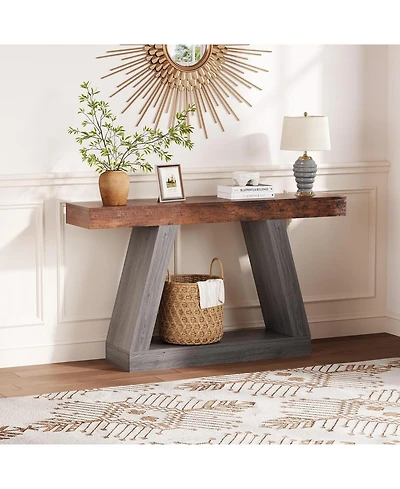 gaomon Farmhouse Console Table with Trapezium Design - 55" Wooden Sofa Table with Open Storage Shelf