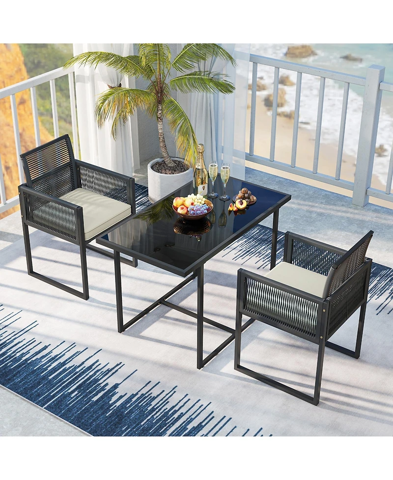 Gouun 3-Piece Outdoor Wicker Dining Set with Tempered Glass Table and Chairs