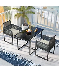 Gouun 3-Piece Outdoor Wicker Dining Set with Tempered Glass Table and Chairs