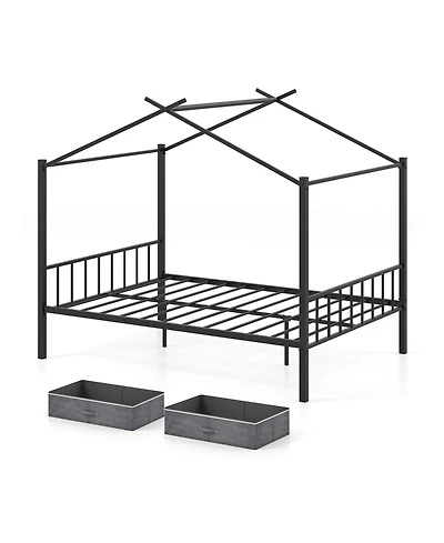 Gouun Full Size Metal House Bed Frame with 2 Fabric Storage Drawers for Kids
