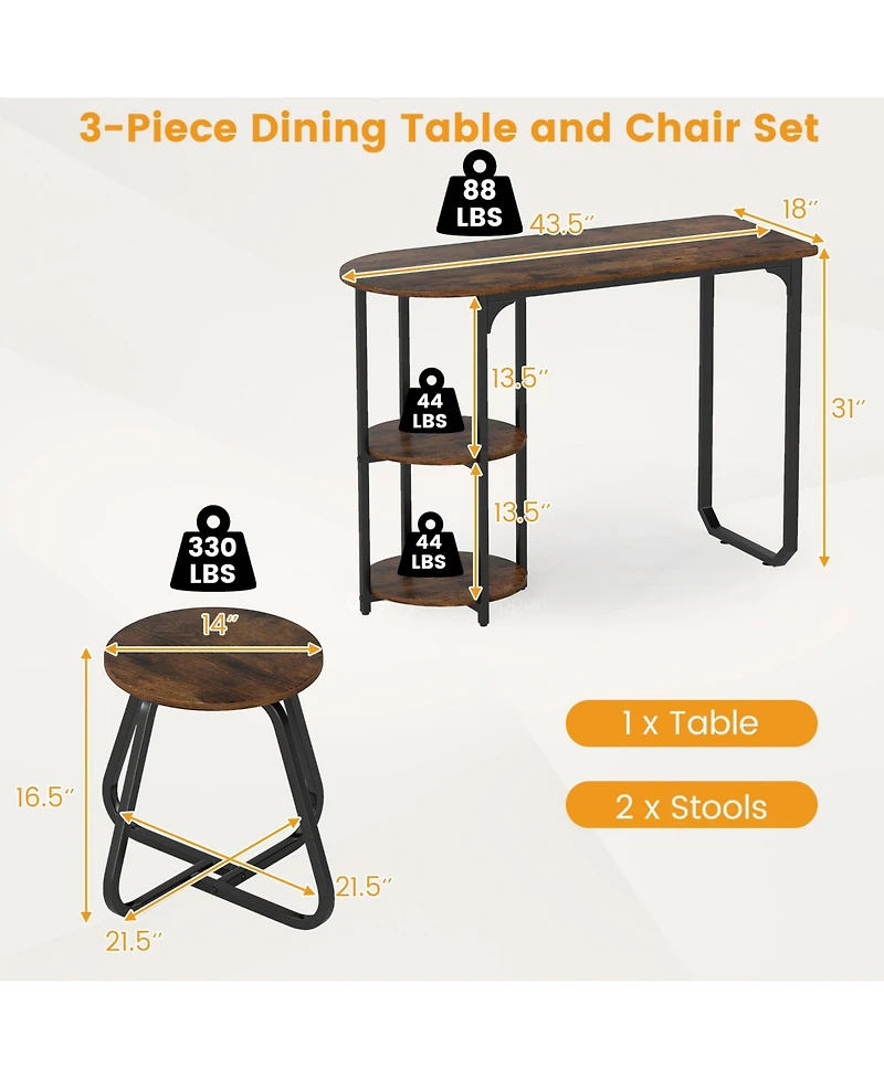Gouun 3-Piece Industrial Dining Set with Side Shelves and 2 Stools