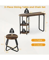 Gouun 3-Piece Industrial Dining Set with Side Shelves and 2 Stools
