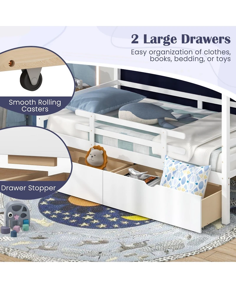 Gouun Twin House Bed with Removable Tent Canopy and 2 Rolling Storage Drawers