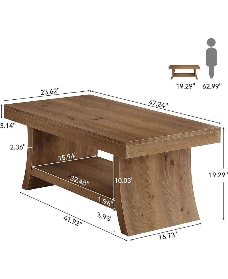 Tribesigns Farmhouse Coffee Table with Storage Shelf, 47.2" Mid Century Modern Solid Wood Coffee Tables with Curved Base