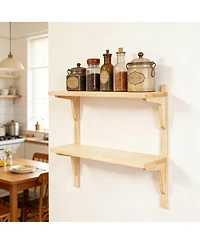 Yigii Mid-century Wall Shelf 24" Walnut 2-Tier Solid Wood Storage