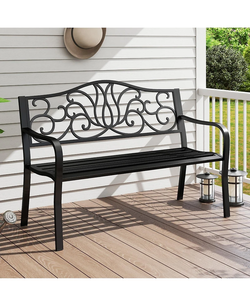 Sugift 50 in Outdoor Garden Bench with Floral Backrest and Slatted Seat