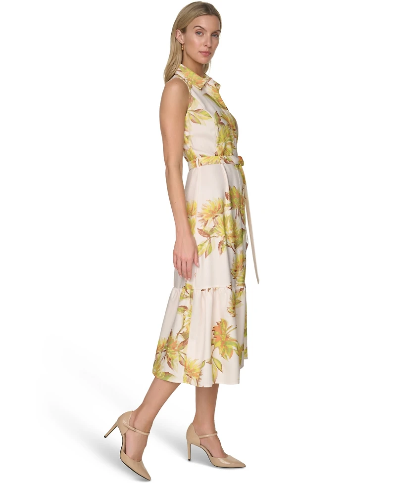 Calvin Klein Petite Printed Collared Neck Midi Shirt Dress