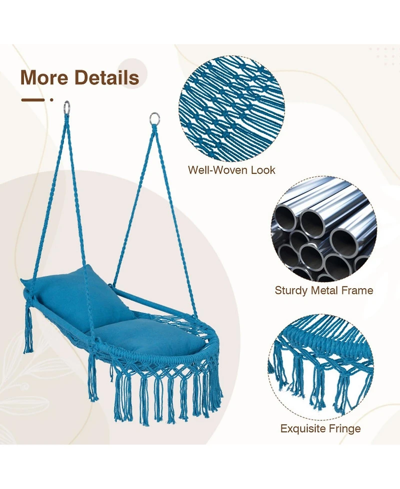 Gouun Macrame Hanging Hammock Swing Chair with 2 Removable Cushions and Metal Spreader Bar