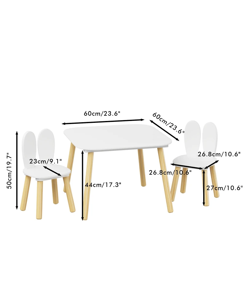 Rainsken 3 Piece Wood Table and Chair Set, w/ 2 Rabbit Themed Chairs, Wood Activity Table Drawing Play Table Set, Age 2-6 Boys Girls