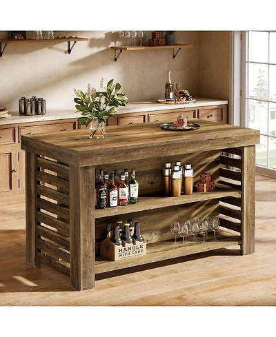 Tribesigns 55" Kitchen Island with Seating and Storage, 3-Tier Farmhouse Wood Stationary Island Table with Large Work Surface, Coffee Bar Table