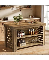 Tribesigns 55" Kitchen Island with Seating and Storage, 3-Tier Farmhouse Wood Stationary Island Table with Large Work Surface, Coffee Bar Table
