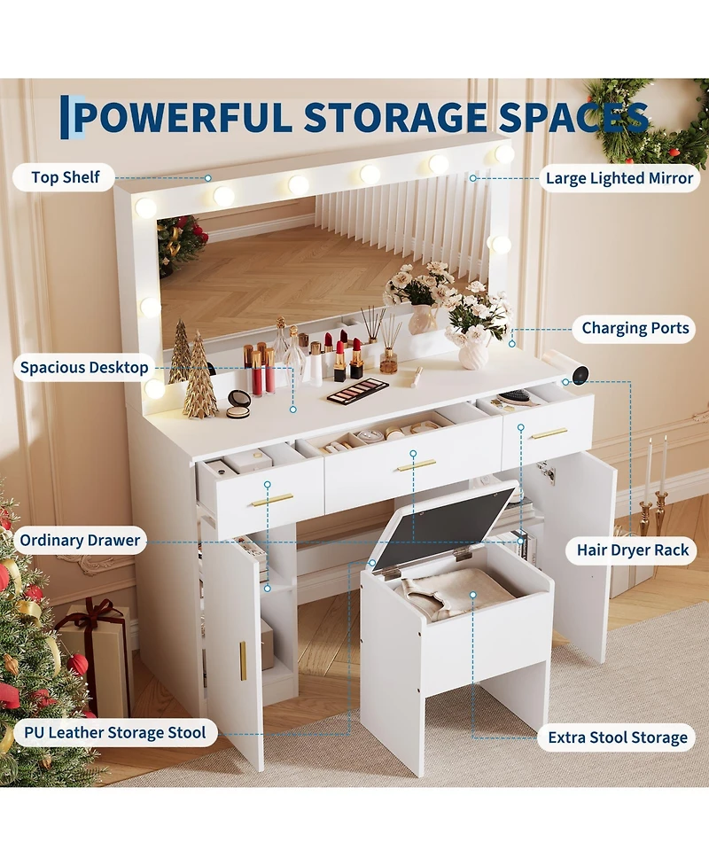 Homfan Vanity Desk with Mirror and Lights, Large Makeup Vanity Table with Power Outlet and Stool, Vanity Dressing Table for Bedroom Dressing Room