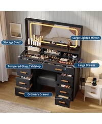 Homfan Makeup Vanity Desk Set with Large Lighted Mirror, 8 Drawers, 3 Storage Shelves, Glass Top, Stool, Built-in Power Outlet