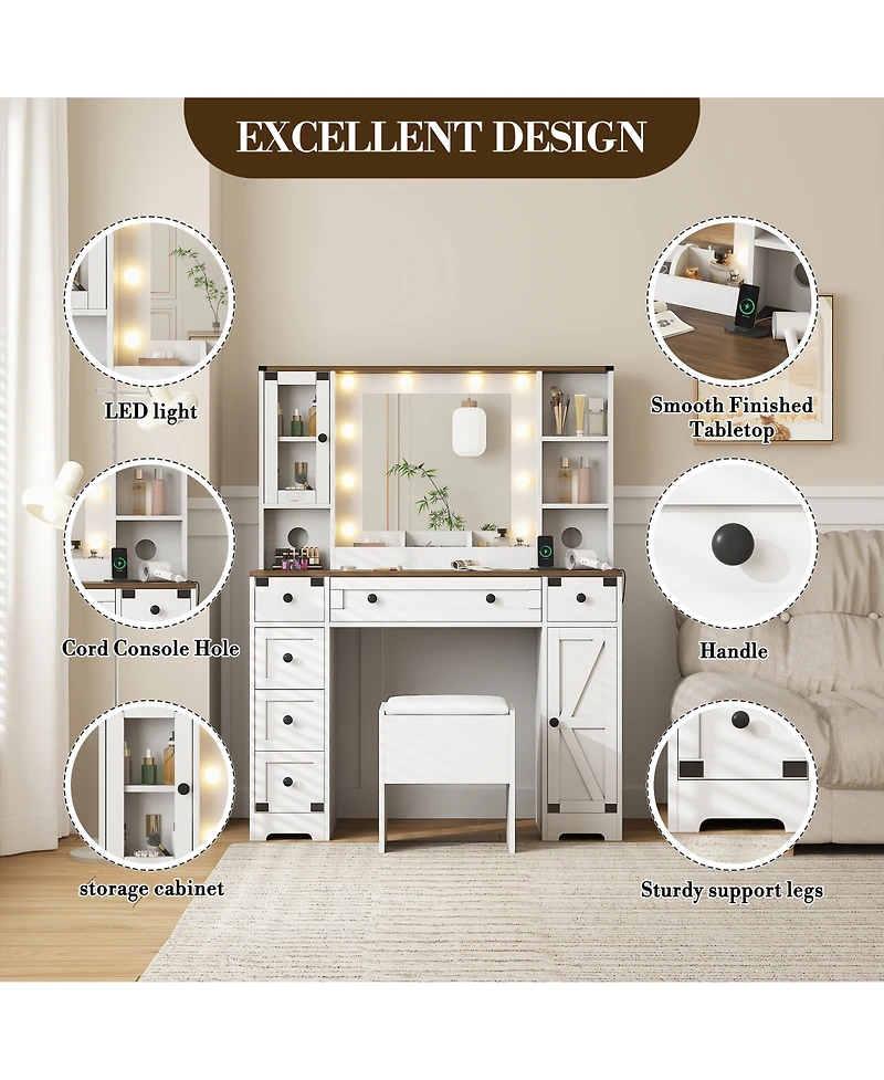 Homfan Farmhouse Vanity Desk with Led Mirror and Charging Station - 6 Drawers, 2 Cabinets, Soft Cushioned Stool, Adjustable 3-Color Lighting