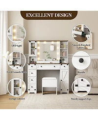 Homfan Farmhouse Vanity Desk with Led Mirror and Charging Station - 6 Drawers, 2 Cabinets, Soft Cushioned Stool, Adjustable 3-Color Lighting