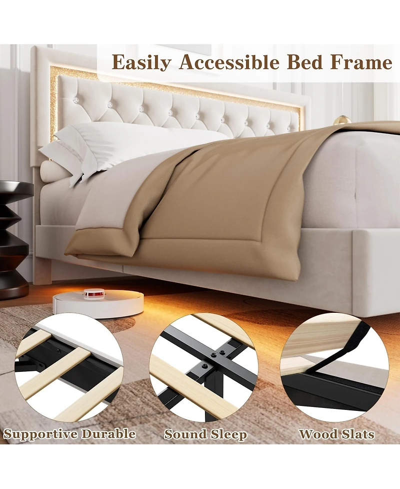 Homfan Floating Upholstered Bed Frame with Led Diamond Headboard and Wood Slats, Available Full, Queen