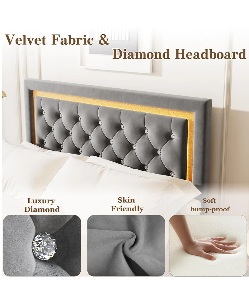 Homfan Floating Upholstered Bed Frame with Led Diamond Headboard and Wood Slats, Available Full, Queen