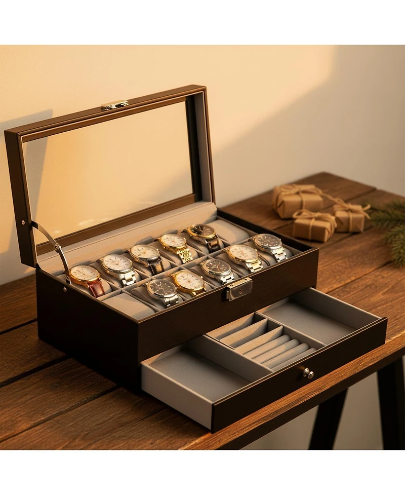 Yigii 12 Slot Watch Box Display Organizer Leather Automatic Led Light Battery Operated Gift