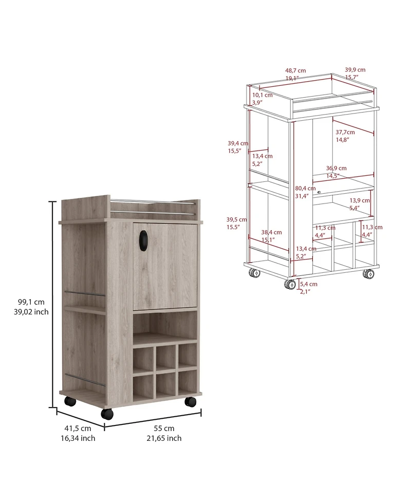 Flynama Bar Cart with Cabinet and 6 Built-in Wine Racks, Rolling Serving Cart with Casters for Home Entertaining