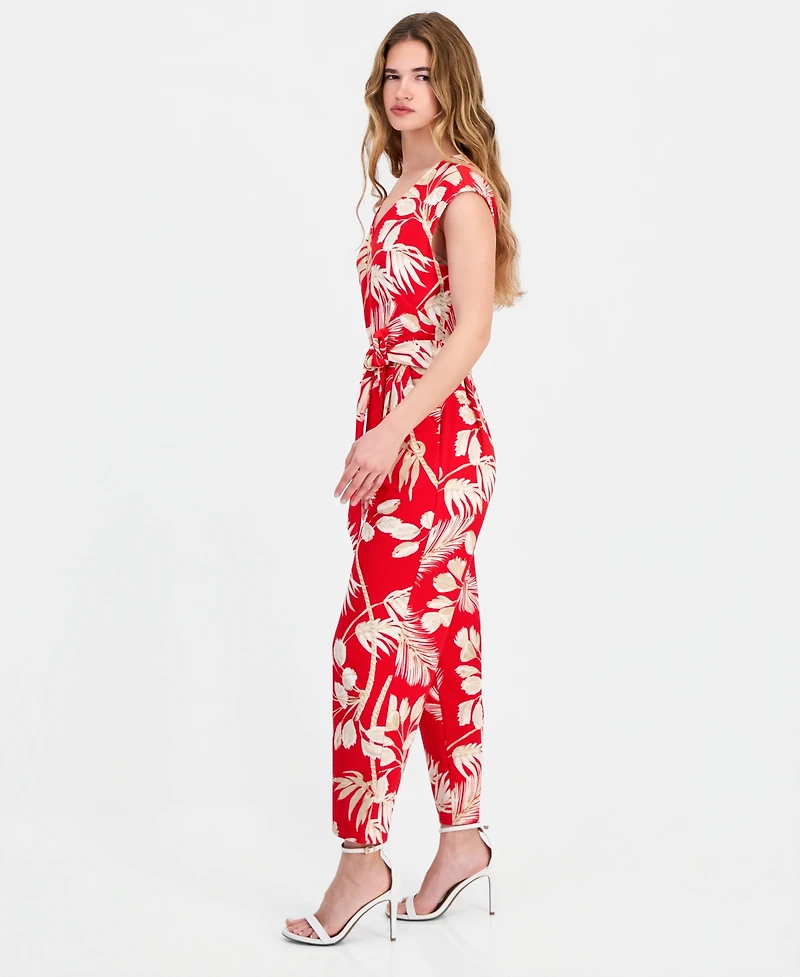 Anne Klein Essentials Petite Printed V-Neck Tie-Waist Jumpsuit