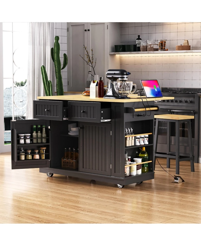 Flynama Kitchen Island with Bar Stools " with 3 Cabinets, 2 Drawers, 1 Shelf with Casters Finish