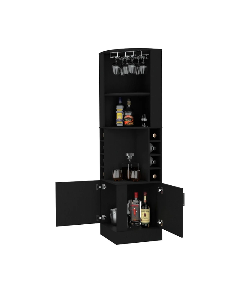 Flynama Corner Bar Cabinet with 8 Built-in Rack, Glass Rack and Double Door Cabinet