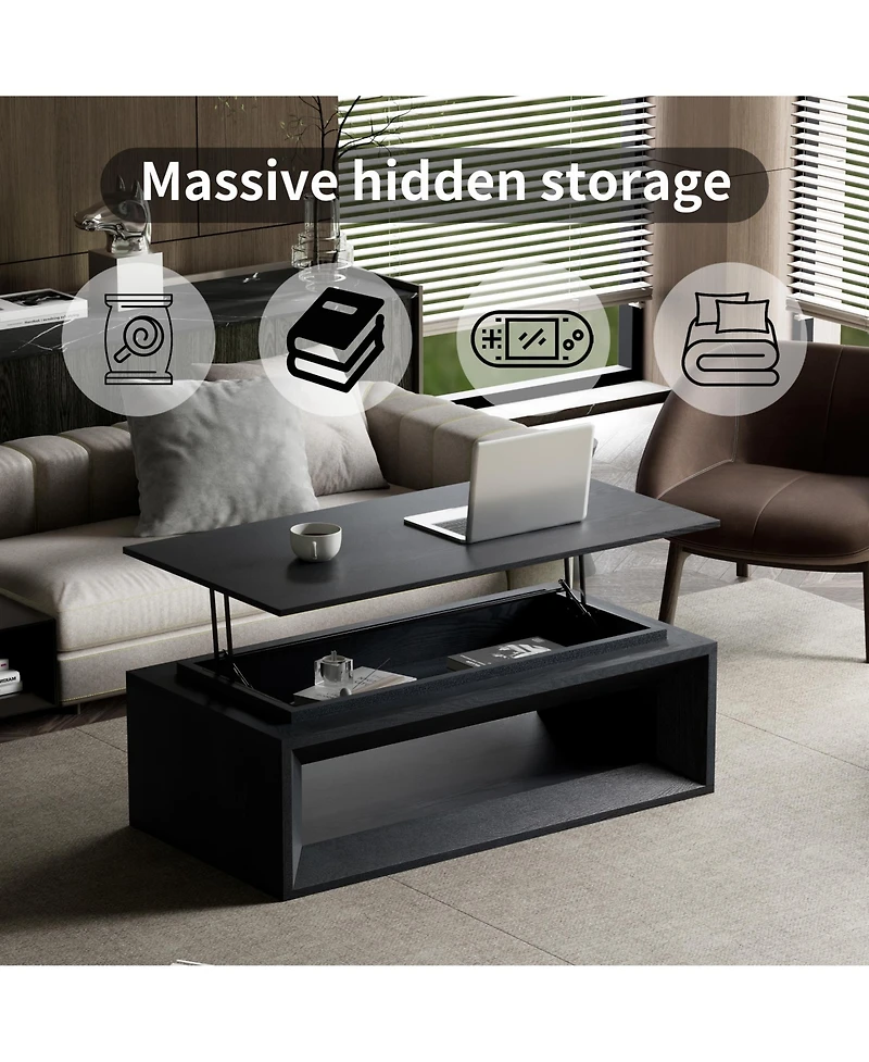 Rainsken Modern Lift-Top Coffee Table 43.3 Inches, Multi-Functional Rectangle Table with Height Adjustment and Storage Compartment for Living Room